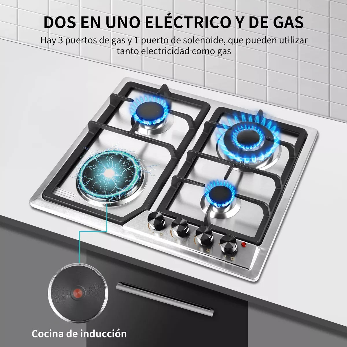 Parrilla 3 estufas de gas y 1 estufa eléctrica Empotrable Acero Inoxidable