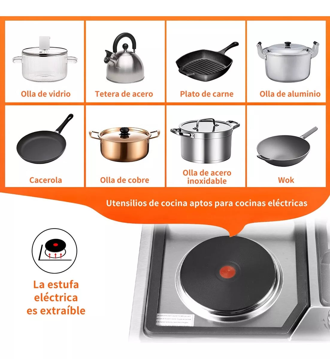Parrilla 3 estufas de gas y 1 estufa eléctrica Empotrable Acero Inoxidable