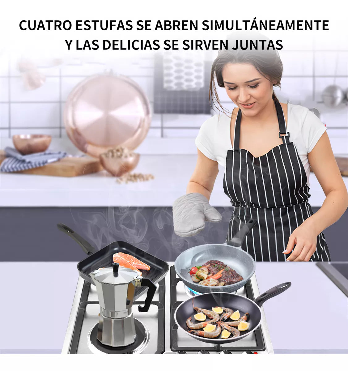 Parrilla 3 estufas de gas y 1 estufa eléctrica Empotrable Acero Inoxidable