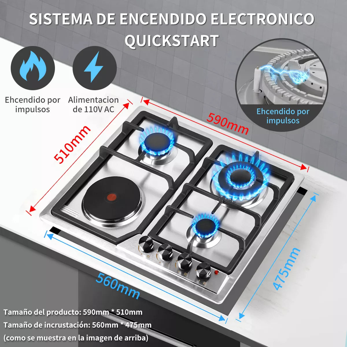 Parrilla 3 estufas de gas y 1 estufa eléctrica Empotrable Acero Inoxidable