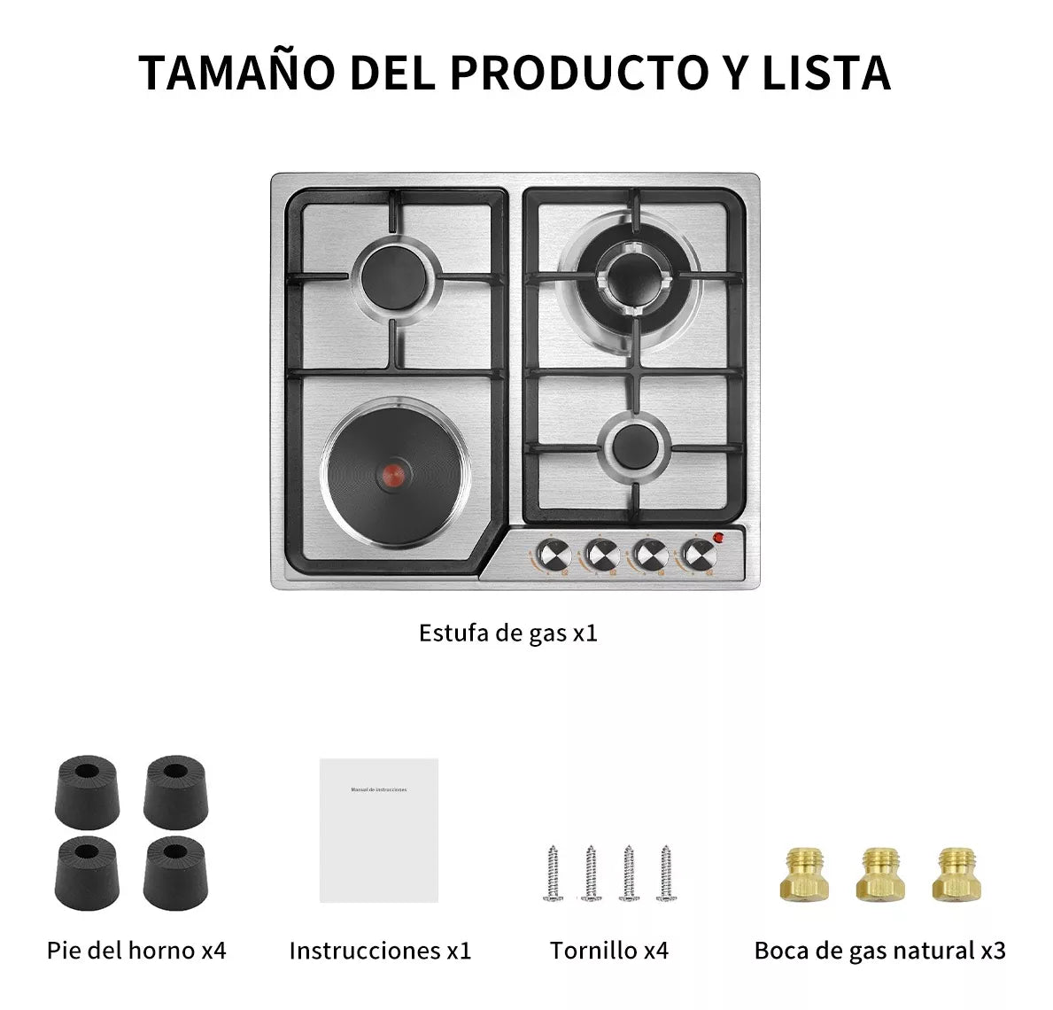 Parrilla 3 estufas de gas y 1 estufa eléctrica Empotrable Acero Inoxidable