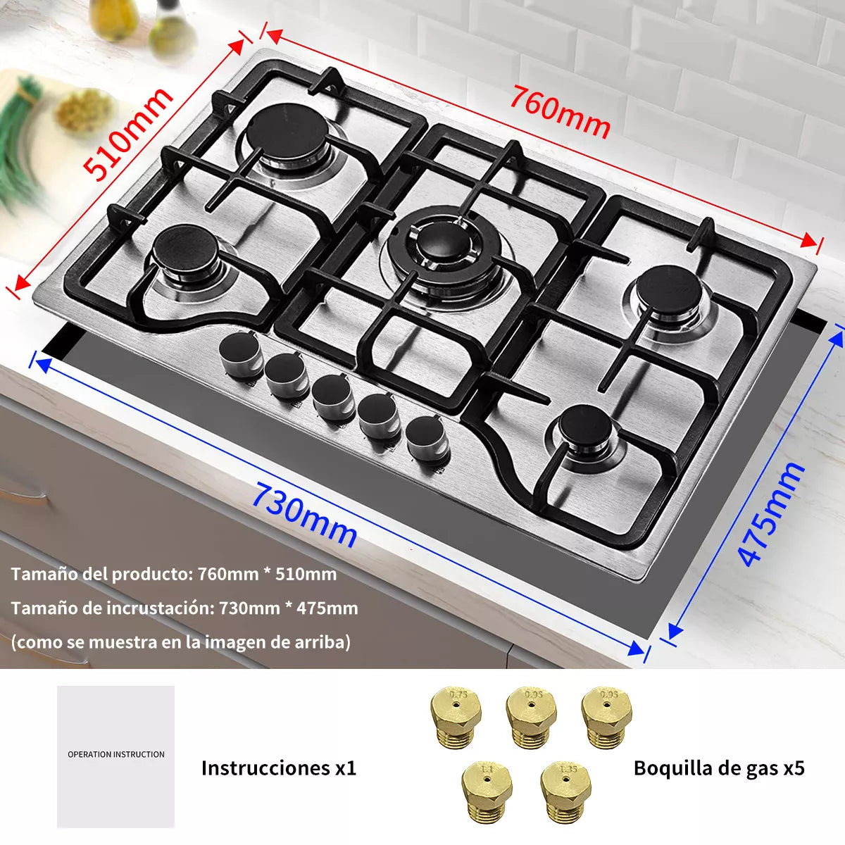Parrilla Estufa De Gas Acero Inoxidable 5 Quemadores Cocción Color Plateado