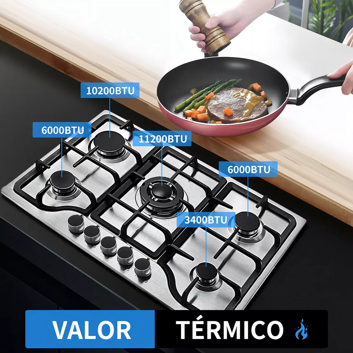 Parrilla Estufa De Gas Acero Inoxidable 5 Quemadores Cocción Color Plateado