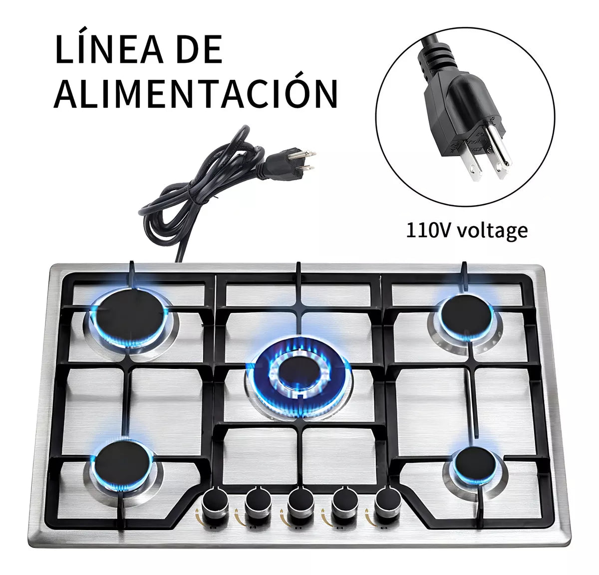 Parrilla Estufa De Gas Acero Inoxidable 5 Quemadores Cocción Color Plateado
