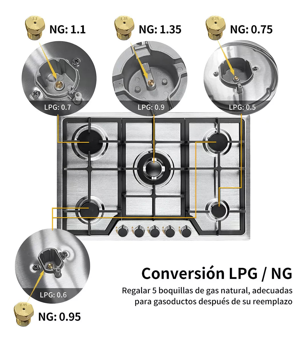 Parrilla Estufa De Gas Acero Inoxidable 5 Quemadores Cocción Color Plateado
