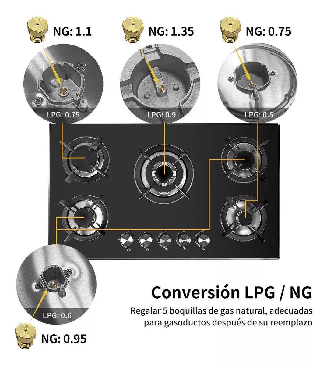 Parrilla Estufa De Gas HC54-2 Paneles De Vidrio 5 Quemadores Lp Gas Color Negro