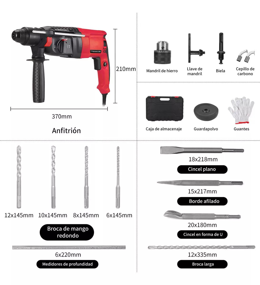 Rotomartillo Cincelador Perforador 1200w Con Accesorios