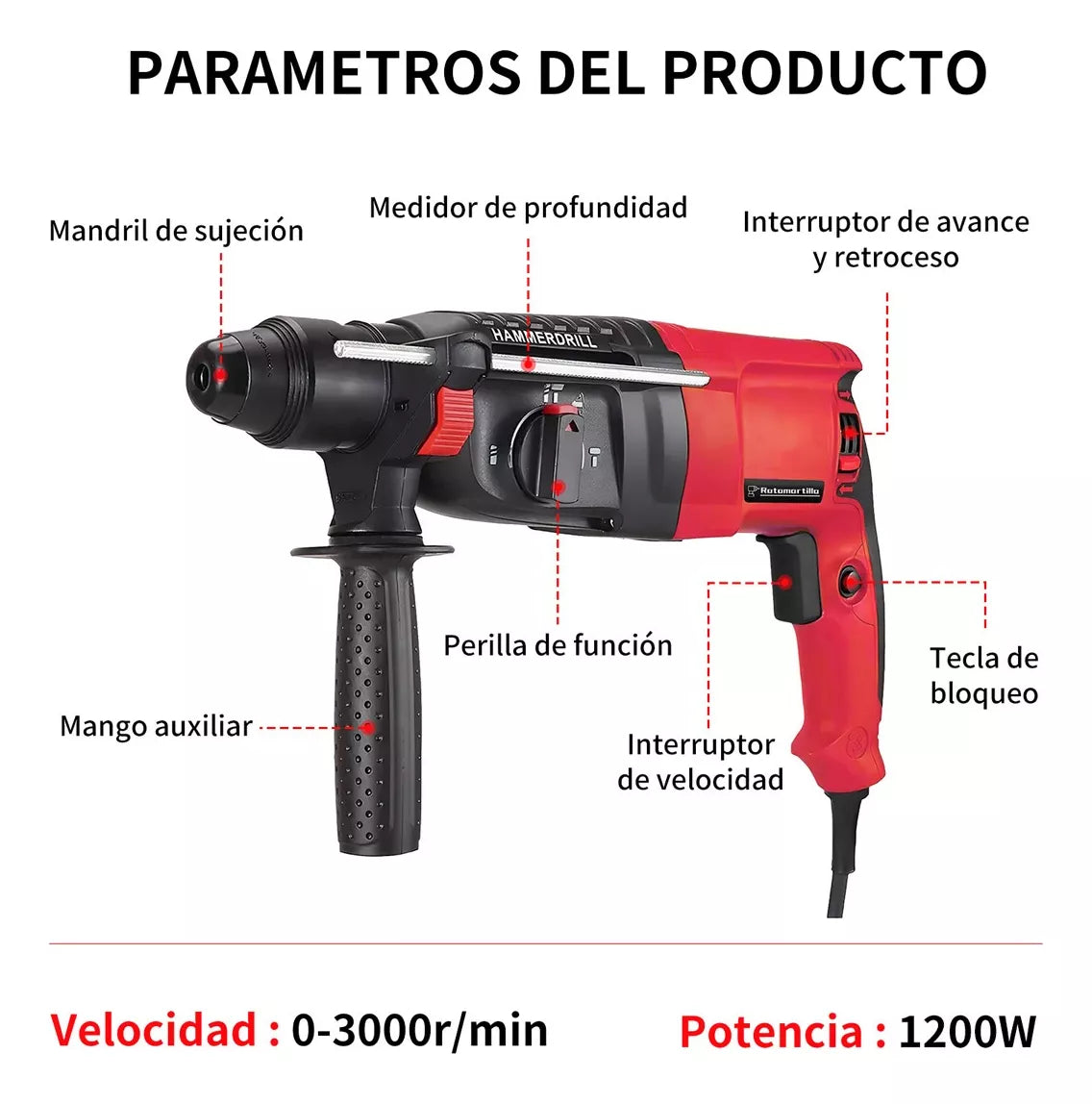 Rotomartillo Cincelador Perforador 1200w Con Accesorios