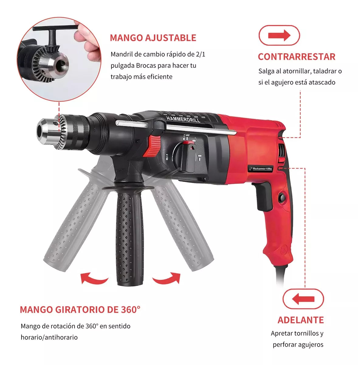 Rotomartillo Cincelador Perforador 1200w Con Accesorios