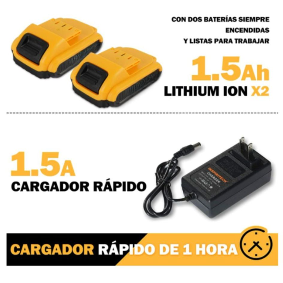 Taladro Inalambrico Amarillo 2 Baterias Cuadradas