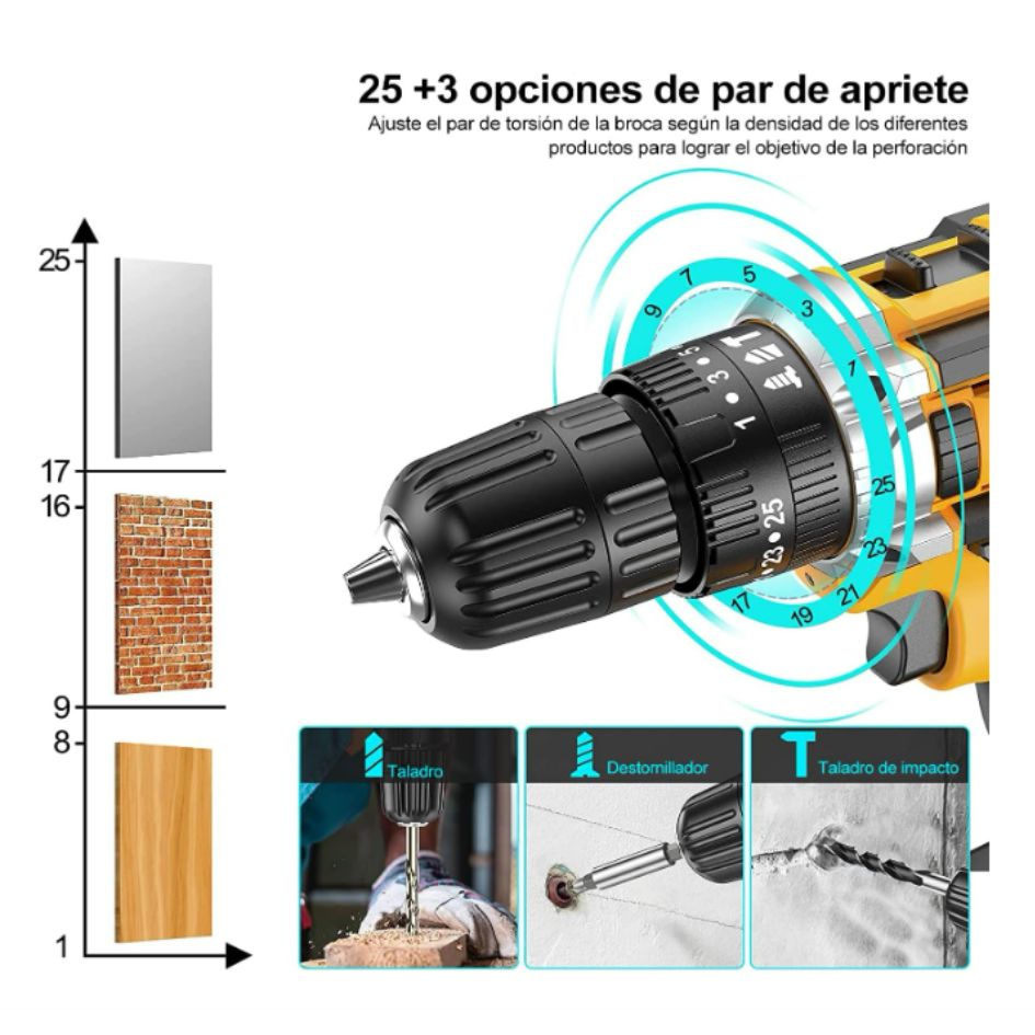 Taladro Inalambrico Amarillo 2 Baterias Cuadradas