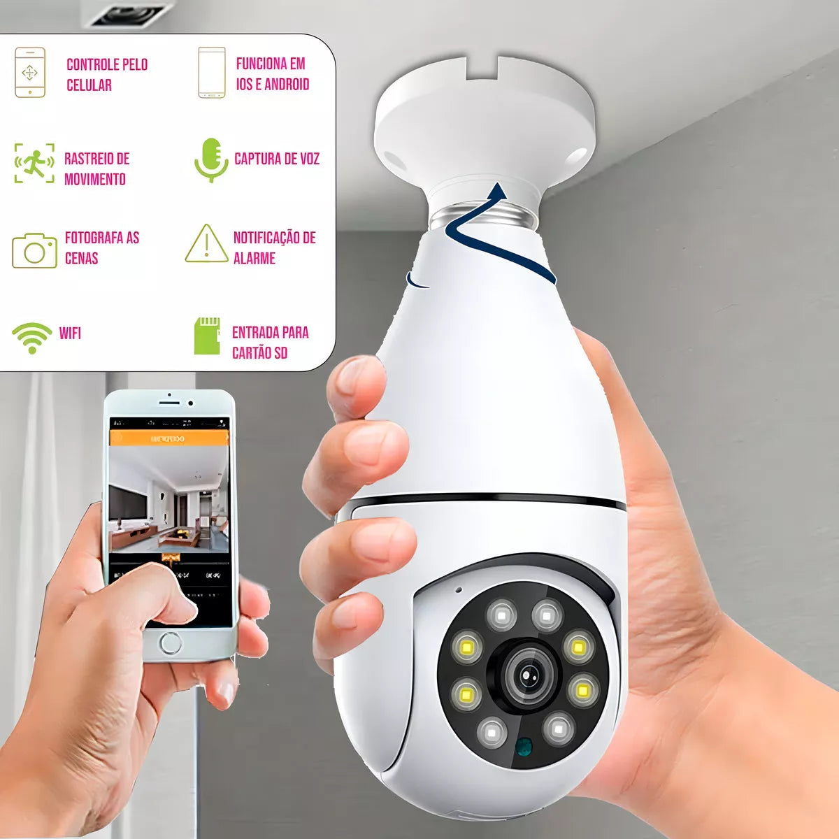 Cámara de seguridad IP, lámpara espía, visión nocturna 360º, Wifi