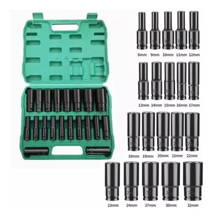 Juego De Dados De Impacto 1/2 20pz Largos De 8 A 32mm Media