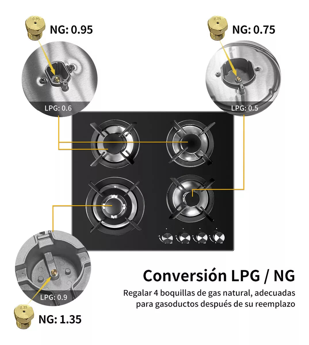 Estufa Gas LP Empotrable 4 Quemadores  Vidrio Templado Color Negro