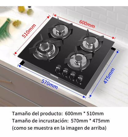 Estufa Gas LP Empotrable 4 Quemadores  Vidrio Templado Color Negro
