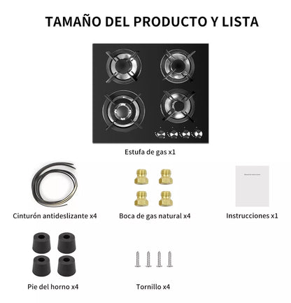Estufa Gas LP Empotrable 4 Quemadores  Vidrio Templado Color Negro