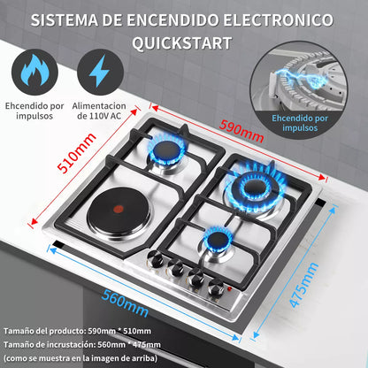 Parrilla 3 estufas de gas y 1 estufa eléctrica Empotrable Acero Inoxidable